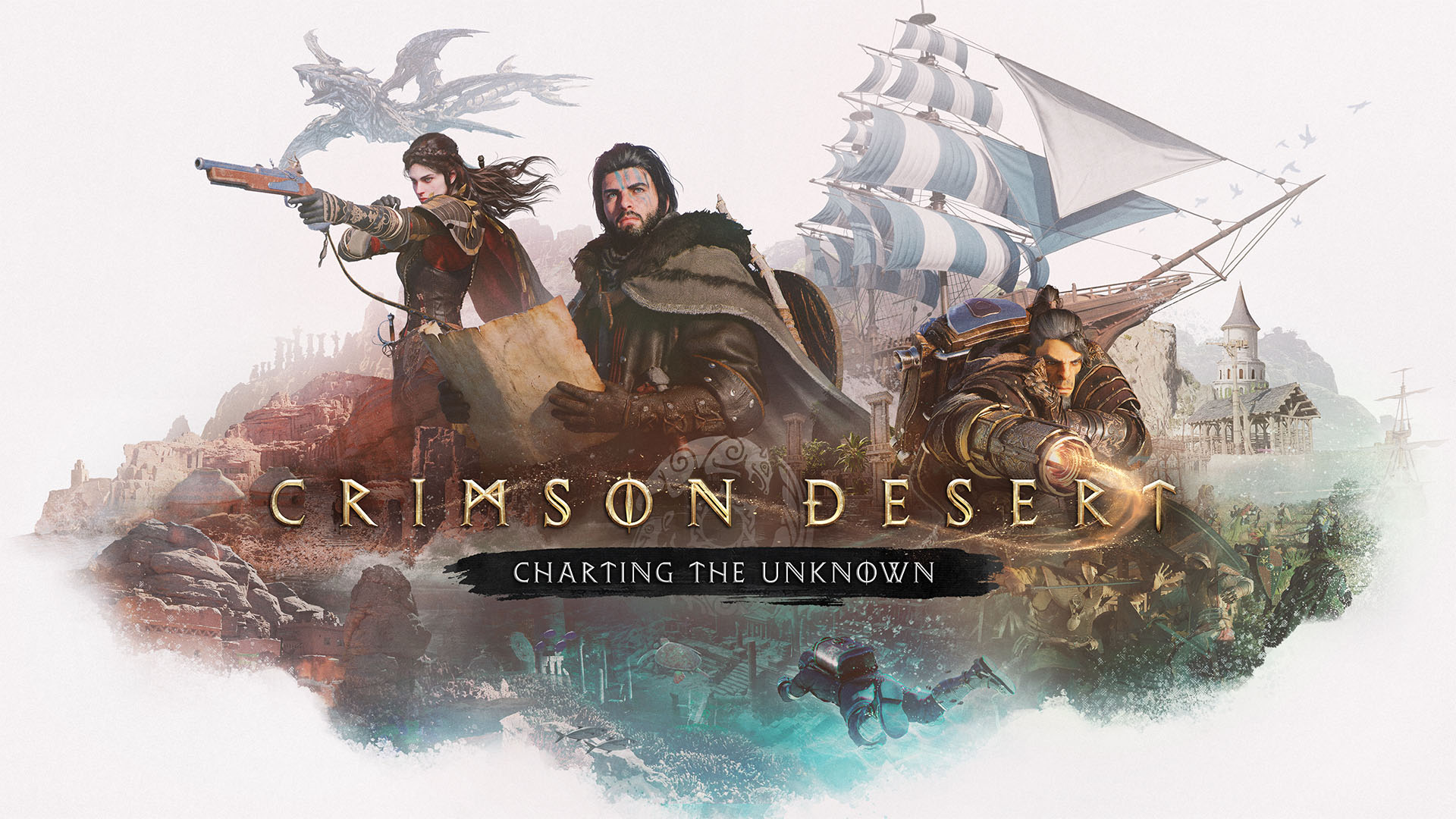 Crimson Desert Charting the Unknown artwork with its characters and a sailing ship