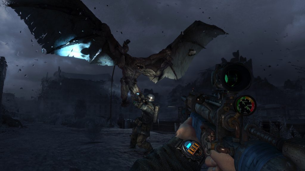 Een gevleugelde mutant valt een ranger aan in een gameplaybeeld van Metro 2033 Redux