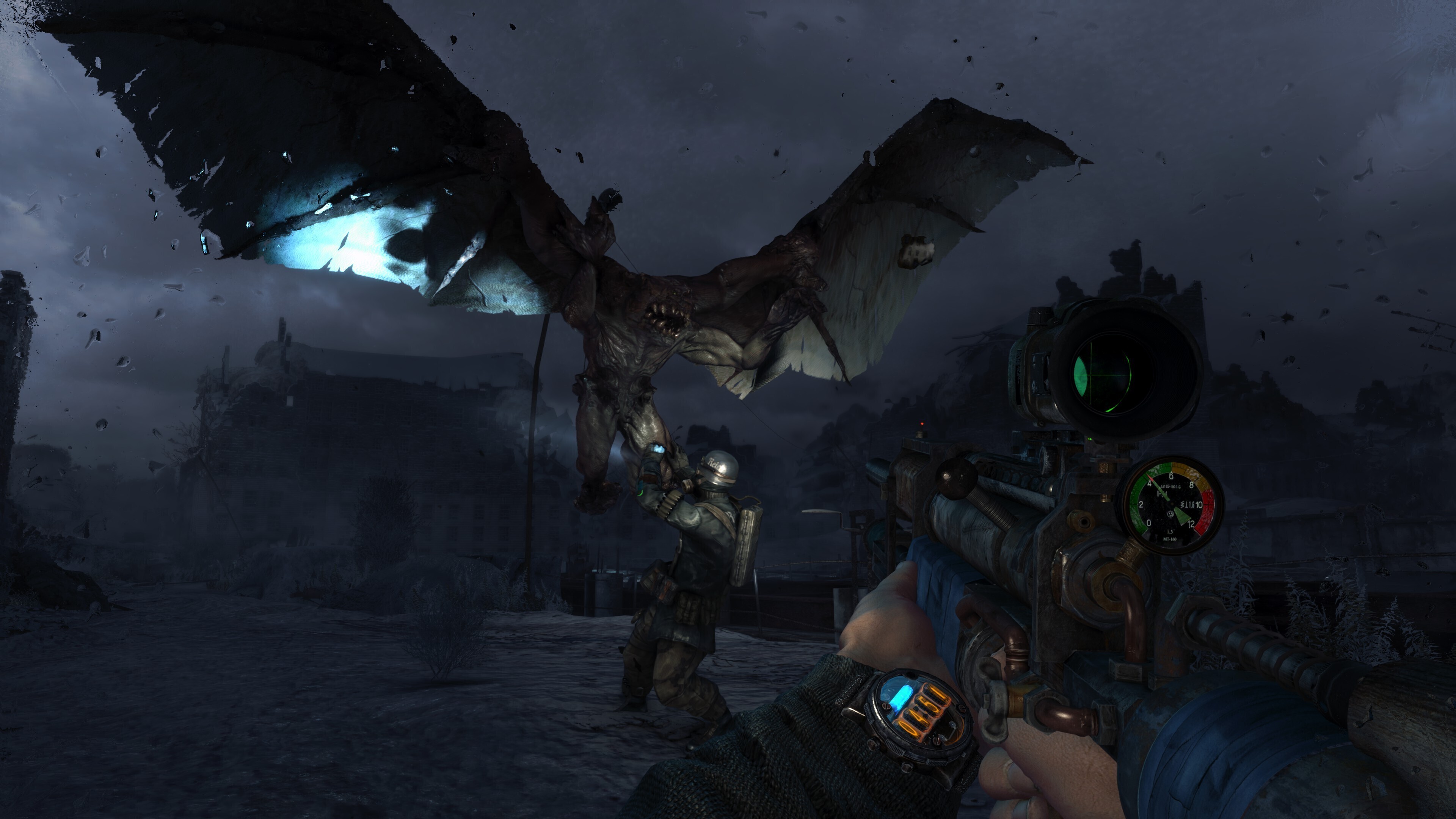 Ein geflügelter Mutant greift einen Ranger in einem Gameplay-Bild von Metro 2033 Redux an