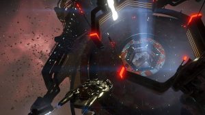 A spacecraft approaches a red-lit derelict structure in No Man's Sky Forsaken