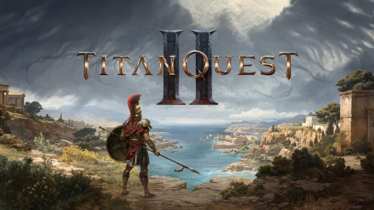 Titan Quest II artwork showing a Greek warrior surrounded by mythological creatures