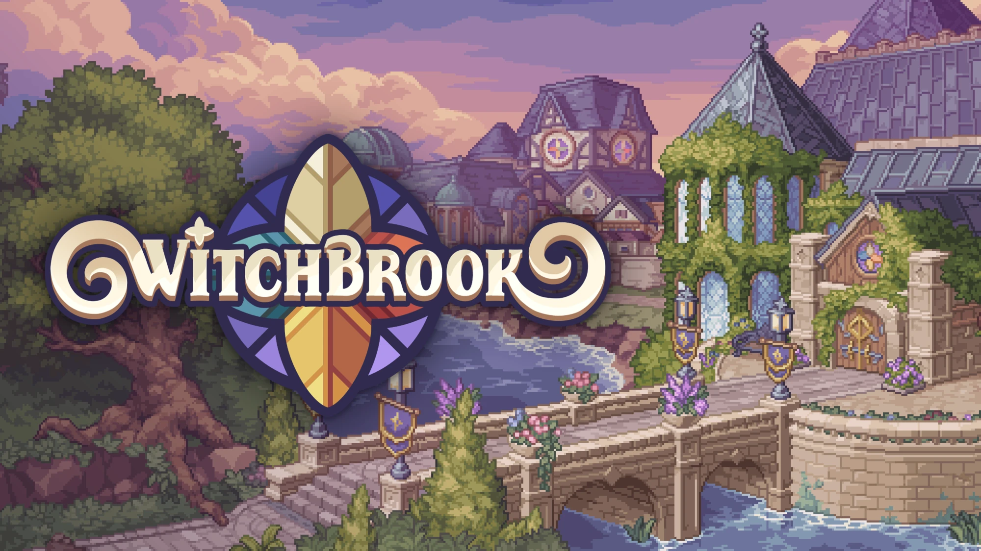 Pixel-Art zu Witchbrook mit Magieschule, Wasserwegen und Stadt